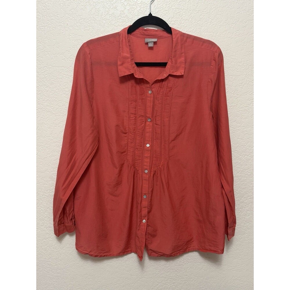 J. Jill Silk Blend Button Front Blouse Coral Sz L Long Sleeve Mature Office